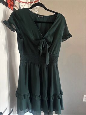 Forest Green Tie-Front Ruffle Mini Dress